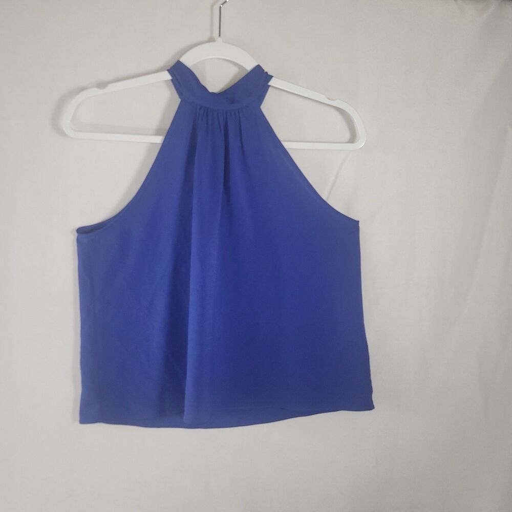 Bisou Bisou Michele Bohbot Royal Cobalt Blue Halter Tie Neck Blouse Top Size XS
